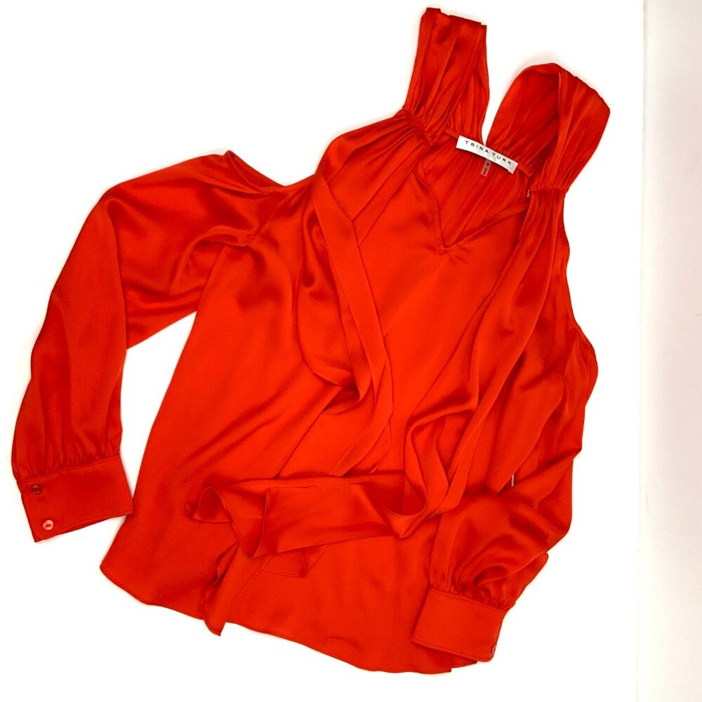 Trina Turk Silk Cold Shoulder Mitchell Scarlet Red Blouse​​ Medium - Picture 13 of 16